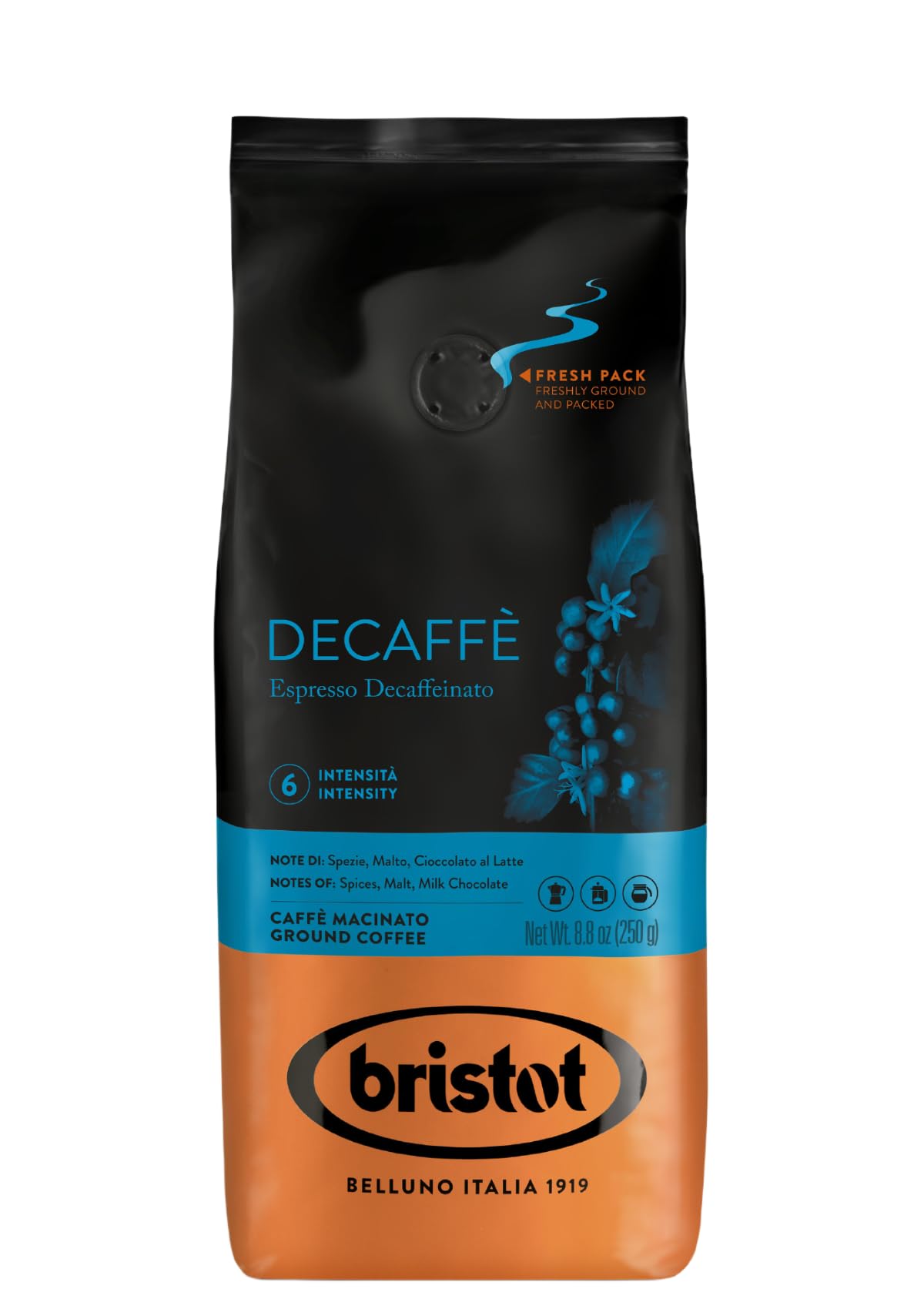 Bristot Decaf Ground Espresso, Medium Roast, Smooth & Bold Flavor, 8.8 oz (250g)