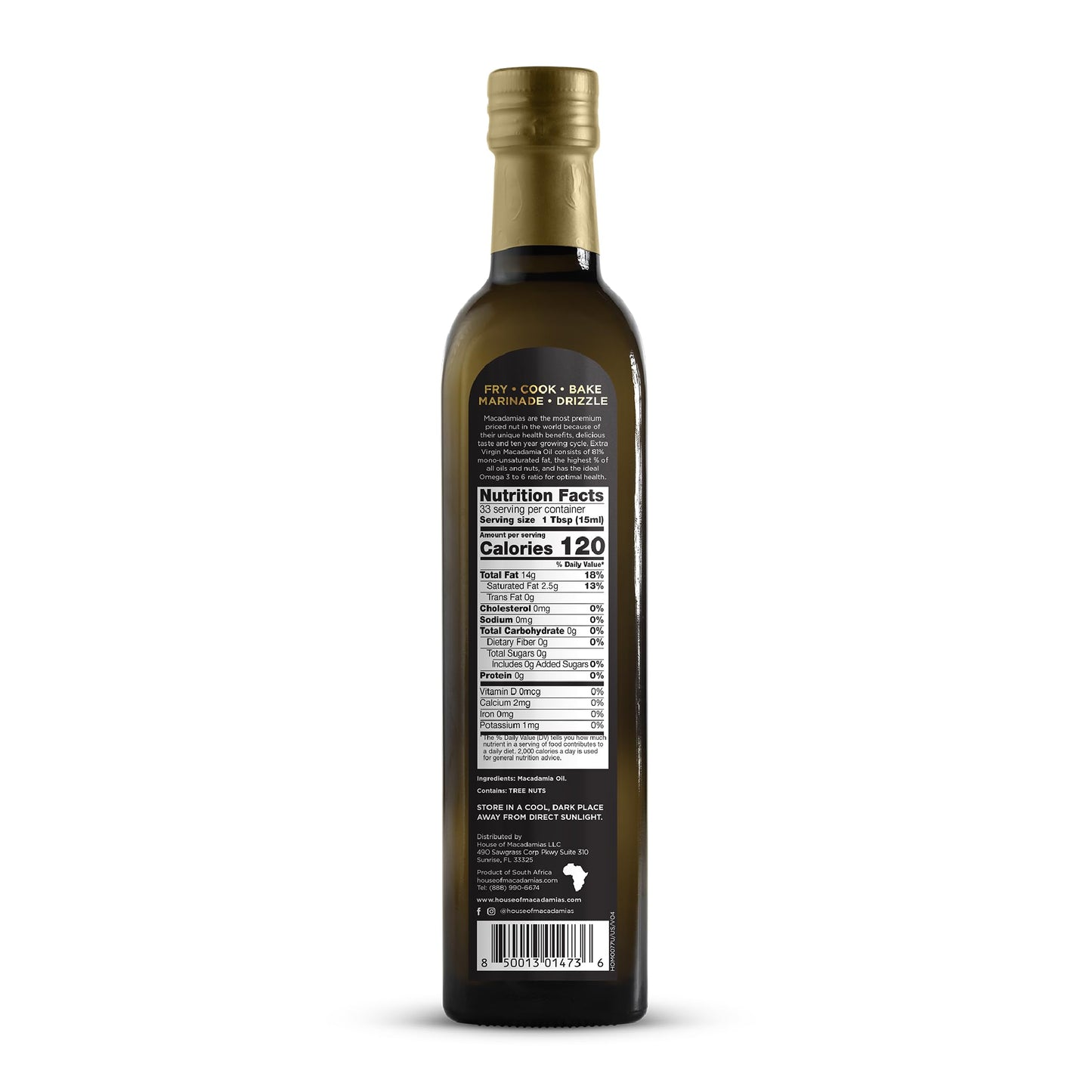 House of Macadamias  Macadamia Nut Oil  Cooking oil  enhanced Cold-Pressed Extra Virgin  16.9 fl. oz. Bottle - Keto  Vegan  Paleo  Gluten-Free  Sugar-Free