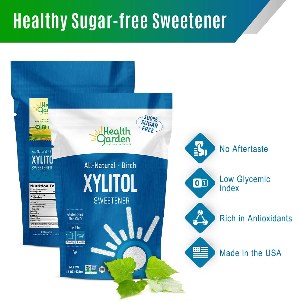 Health Garden Birch Xylitol Sweetener - 1 LB x 2 Resealable Bag - Pure Birch Xylitol - Non GMO, Kosher, and Made in the U.S.A. -