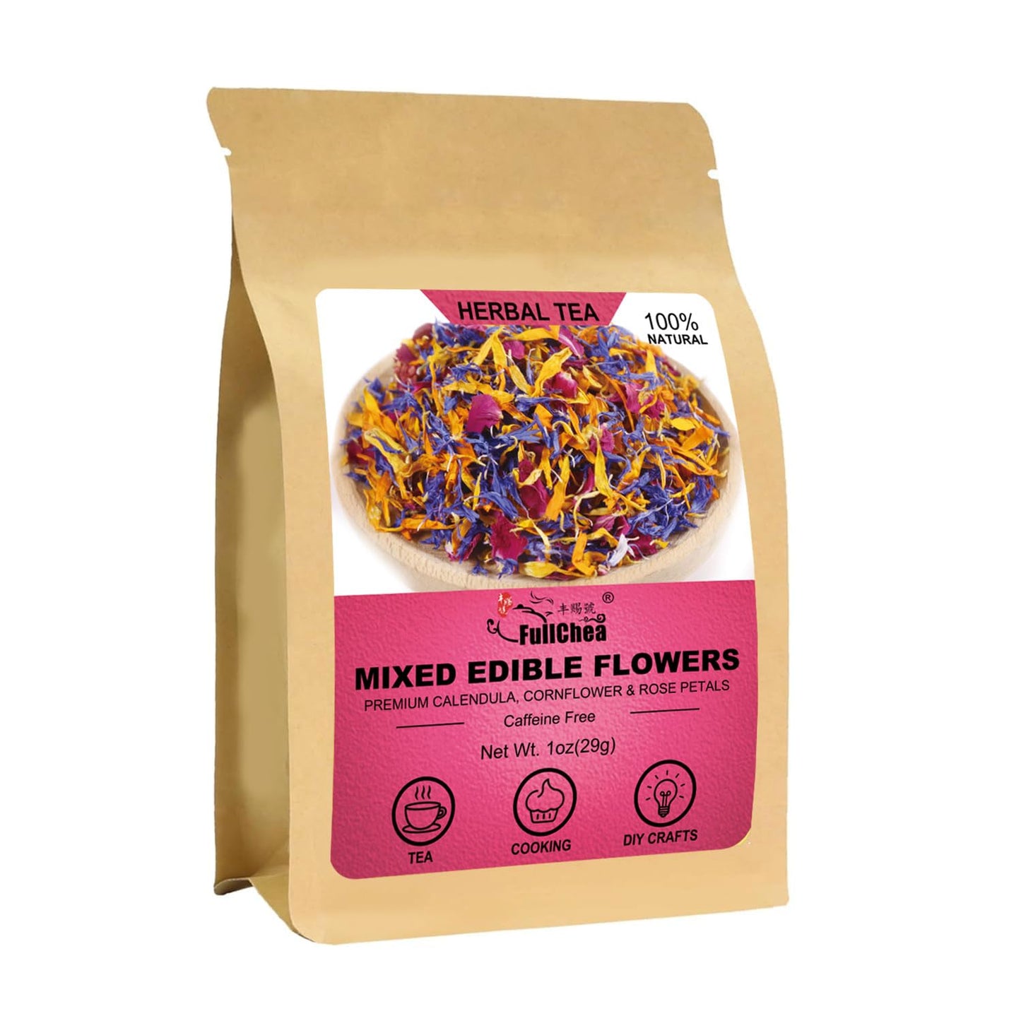 Fullchea - Mixed Edible Flowers - 1Oz/29G - Natural Dried Calendula  Cornflower  And Rose Petals - Culinary Grade - Cake Decorations - Energy Blend-Free - Perfect For Cakes & Drinks