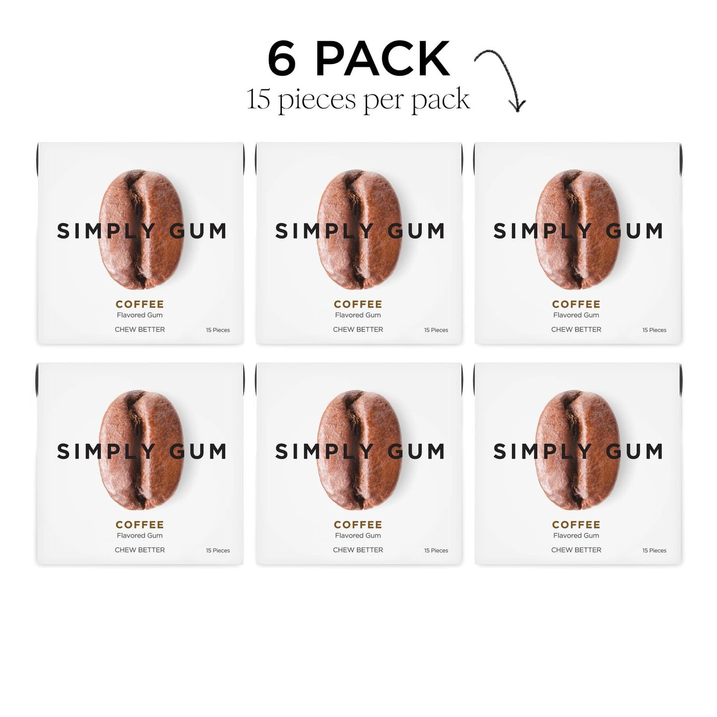SIMPLY Gum Coffee, Plastic-Free Natural Chewing Gum, 6 Pack (90 Pieces) | Vegan, Kosher, Non GMO, Aspartame Free and Sorbitol Fr
