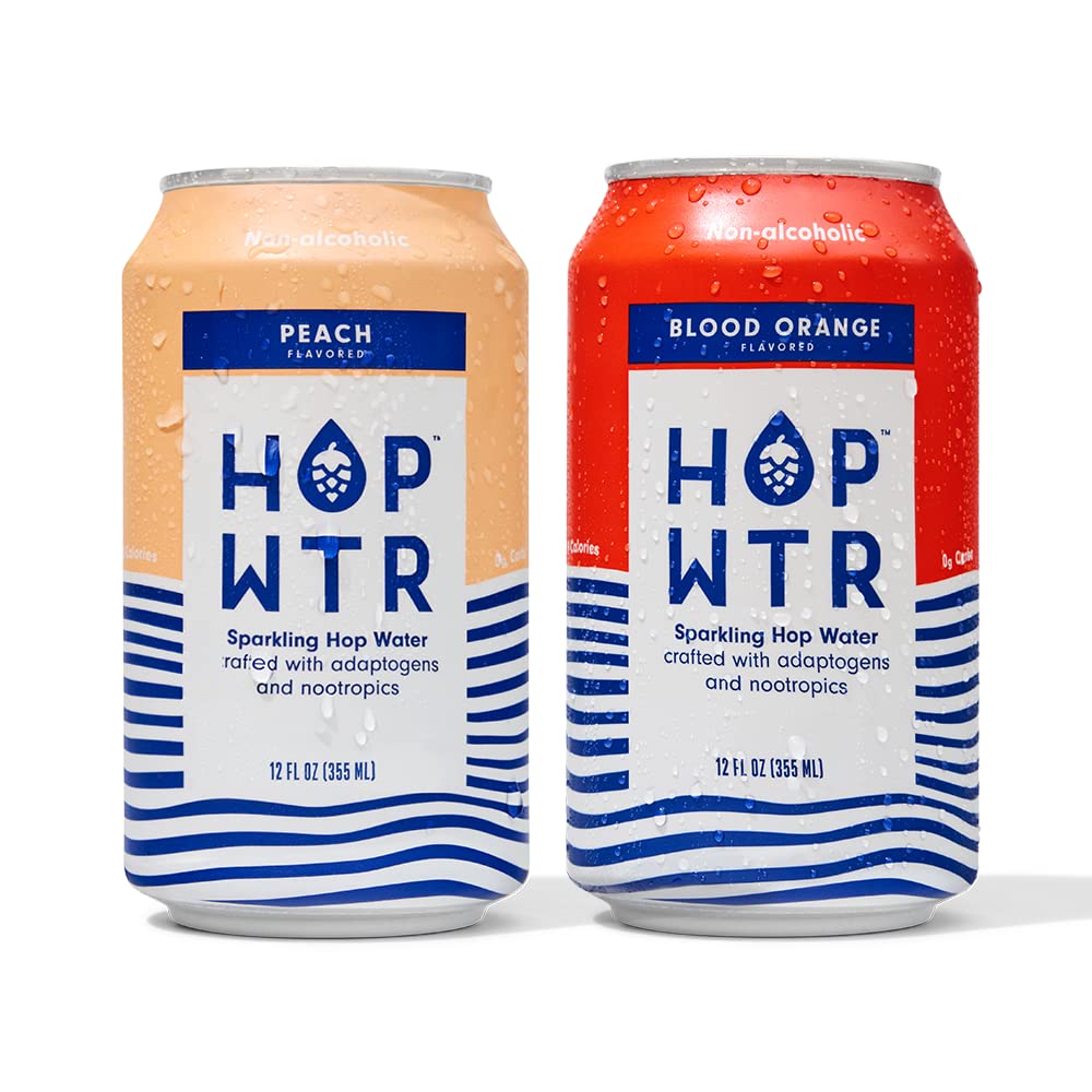Hop Wtr Sparkling Hop Water Peach 6 Pack  Blood Orange 6 Pack  Sugar Free  Low Carb Non Beverage-Style Drinks  Na Malt Drink  Adaptogen Drink  No Calories  Adaptogens & Nootropics For Added Benefits  12 Oz Cans