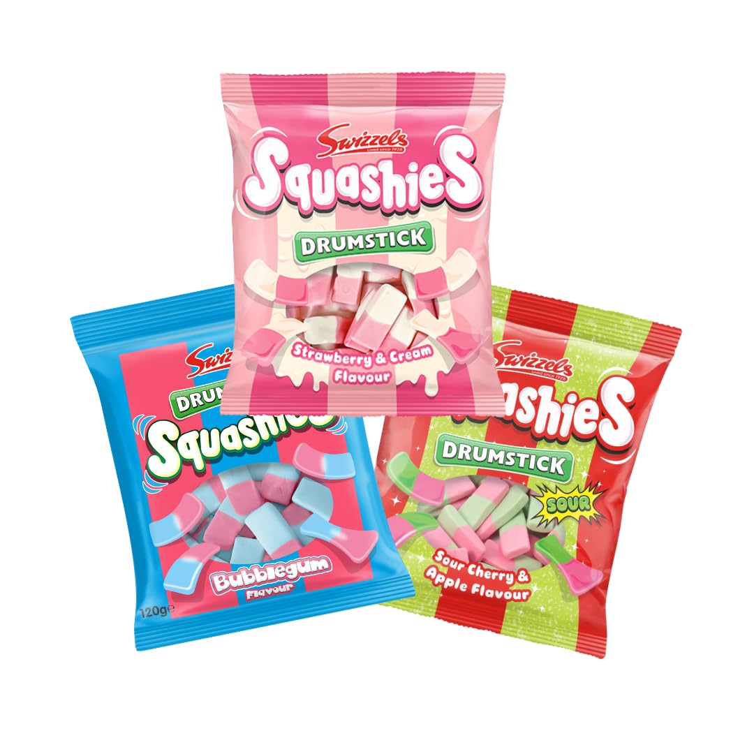 Generic Squashie Drumstick Candy Variety Pack – 3-Pack (120g Each) – Bubblegum, Sour Cherry & Apple, Strawberry & Cream