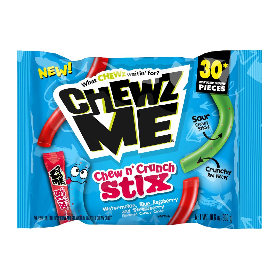 ChewzMe Chew N' Crunch Stix -Tangy Chewy Candy Straws Coated w/Crunchy Pieces - Individually Wrapped,Assorted Flavors, 10.6 Ounc