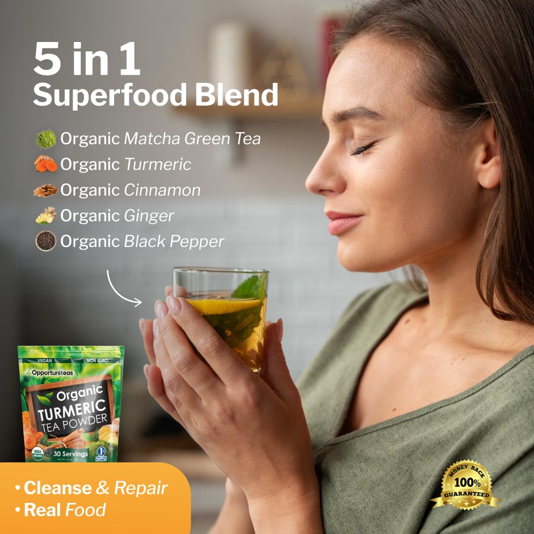 Opportuniteas Organic Turmeric Tea Powder - Matcha Green Tea, Turmeric, Cinnamon, Ginger, Black Pepper - Natural Joint Support -