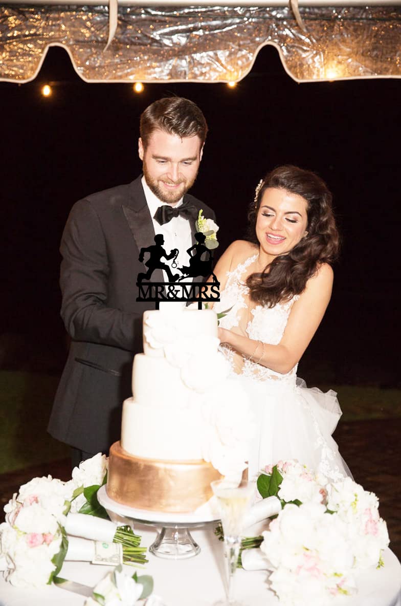 Mr And Mrs Cake Topper, Funny Wedding Cake Topper - The Groom Is Chasing His Lovely Runaway Bride With Handcuffs, Funny Bride An