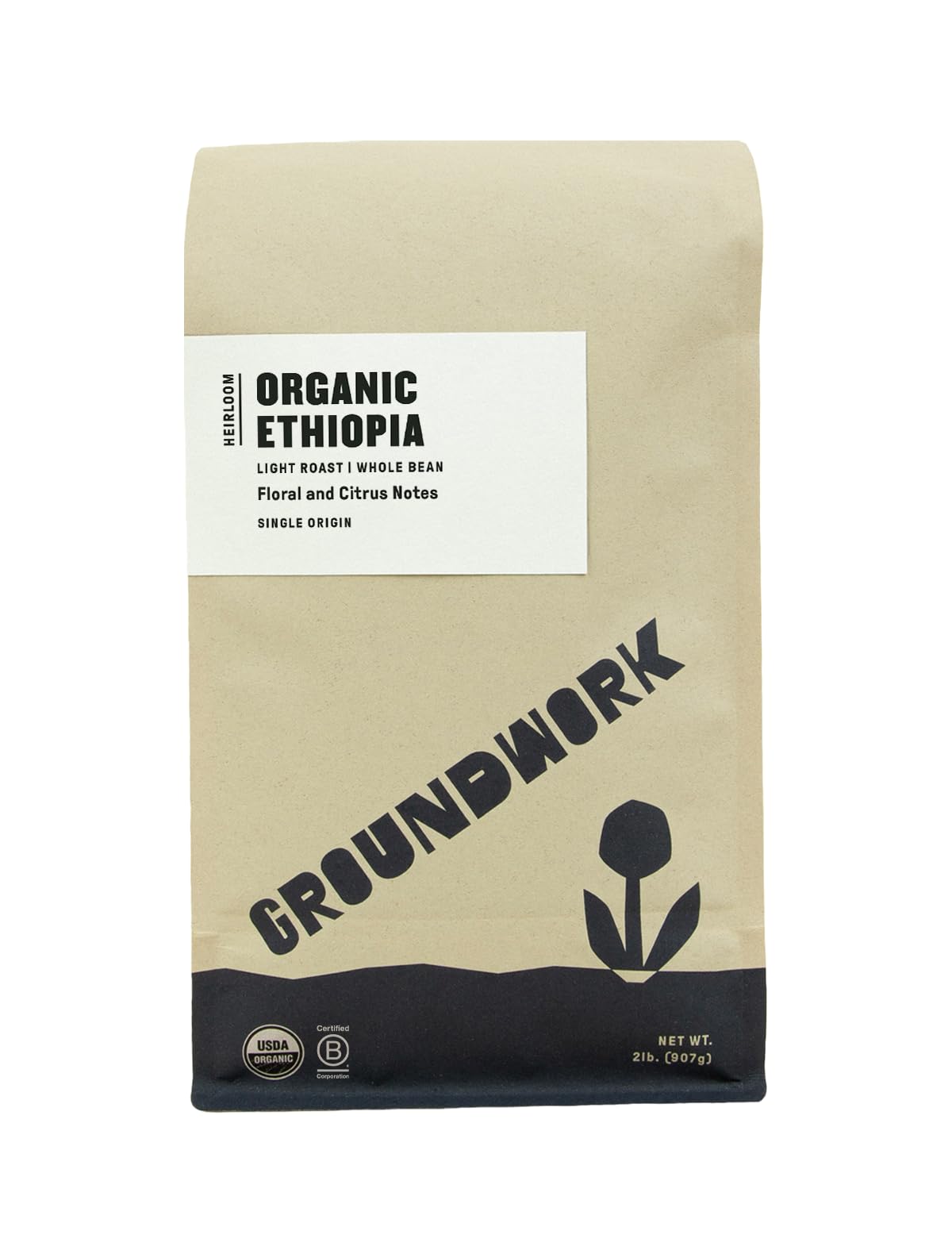 Groundwork Ethiopia Heirloom Blend Whole Bean Coffee Light Roast Organic 2lb Bag