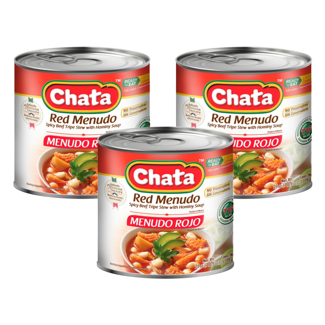 Chata Red Menudo  Beef beef belly Stew with Hominy Corn  25 oz Can  Pack of 3