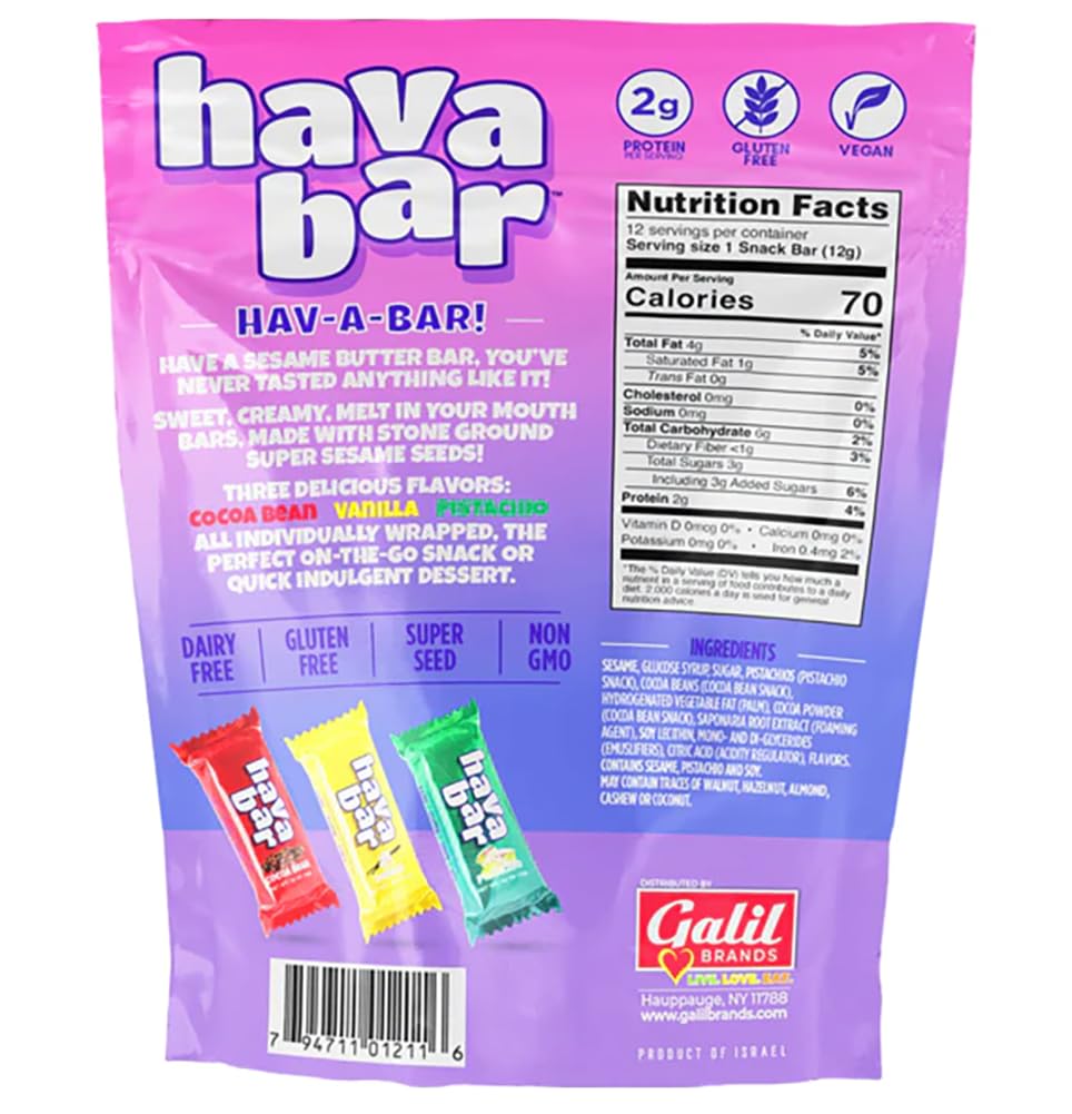 Galil Mini Halva Bars Sesame Butter Bites | Non-Gmo Halva | Hava Bar - Individually Wrapped Cocoa, Vanilla And Pistachio Halva B
