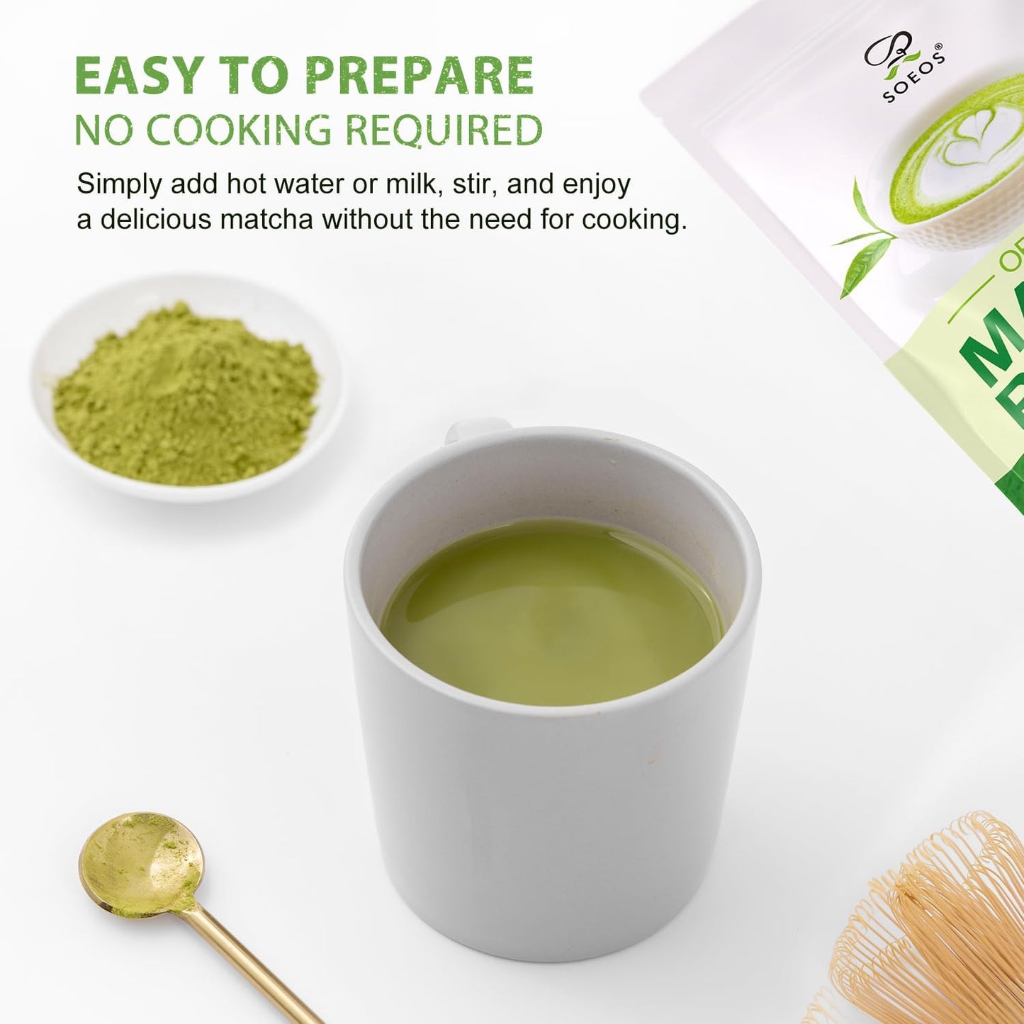 Soeos Organic Matcha Powder  Matcha Green Tea Powder  2 oz (57g)  Antioxidant-Rich Japanese Matcha for Lattes  Smoothies and Baking  Recyclable Bags