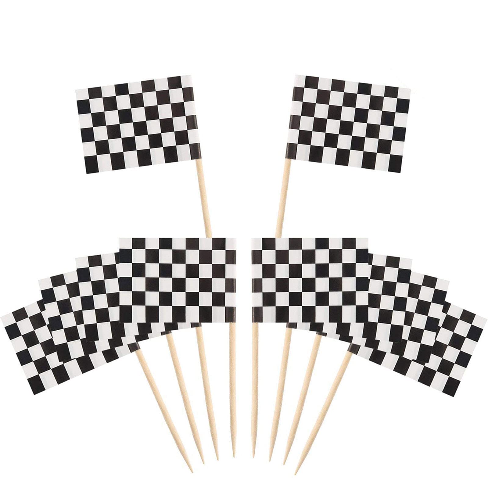 Pangda Checkered Racing Flag Toothpicks, 1.38 x 0.98 inches, Black & White, 100 Pack, Cupcake Picks for Party Decorations