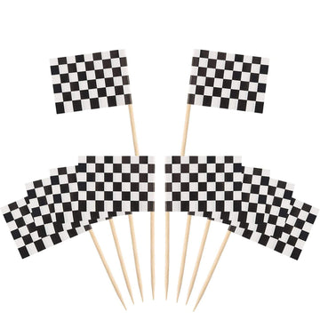 Pangda Checkered Racing Flag Toothpicks, 1.38 x 0.98 inches, Black & White, 100 Pack, Cupcake Picks for Party Decorations