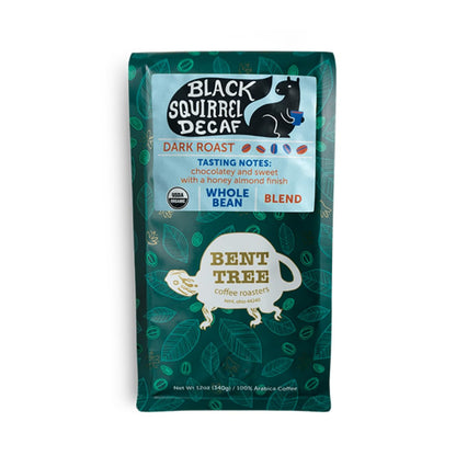 Bent Tree Coffee Roasters Organic Coffee, 12oz (Black Squirrel Decaf), Whole Bean Coffee, Dark Roast, USDA Organic, Sweet and Ho