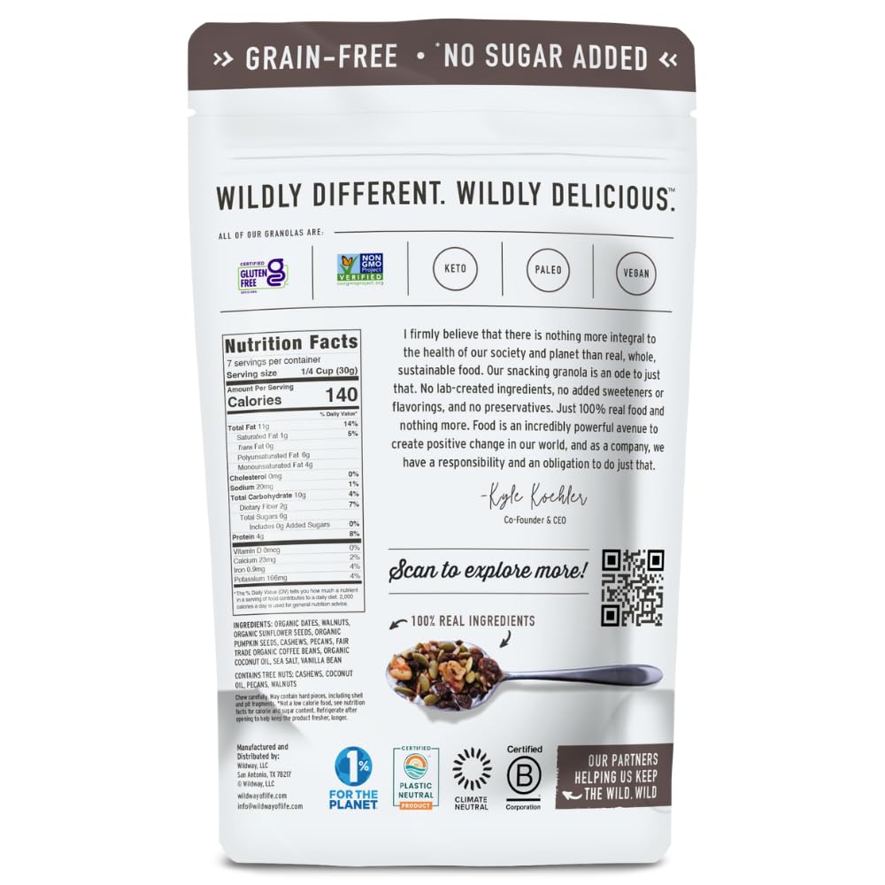Wildway Keto Granola, Vanilla Bean Espresso, Grain-Free, Vegan, Low Carb, 8oz, Pack of 3
