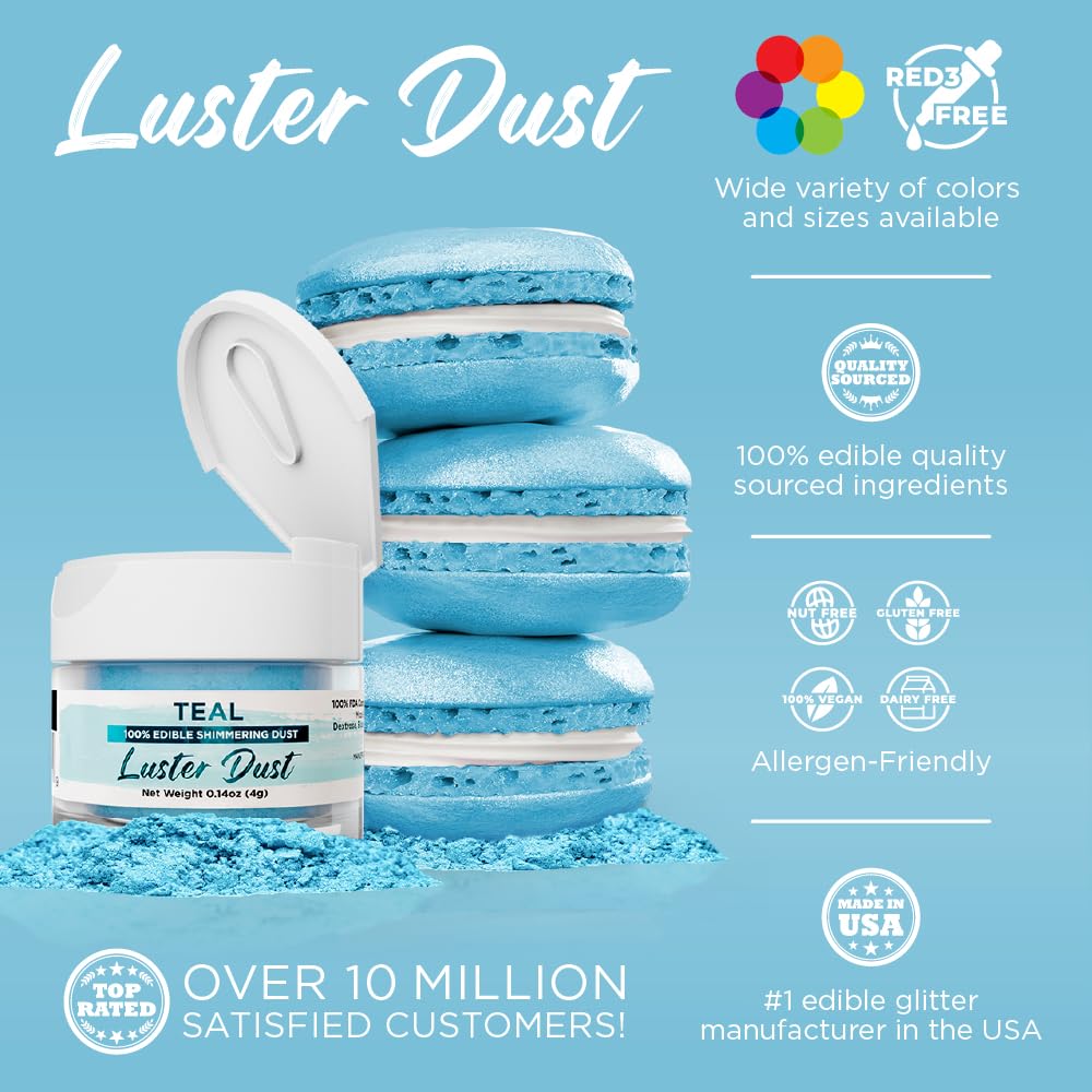 Luster Dust - Teal (4G 1X Jar) | Edible Vegan Dust & Paint For Cake Decorating, Ice Cream, Desserts, Cocktails And Beverages By