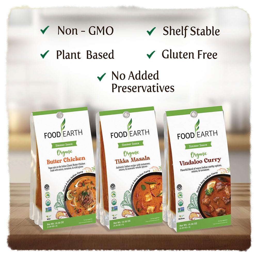 Food Earth Indian Simmer Sauce Trio - Vindaloo, Butter Chicken, Tikka Masala - Organic, Vegan, Gluten-Free, Gmo-Free - 6 Prepack