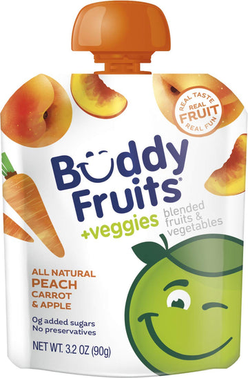 Buddy Fruits & Veggies Snacks To Go Peach Carrot Unsweetened Applesauce 3.2Oz Pouch (18Pk) Gluten-Nut-Dairy-Preservatives-Bpa Fr