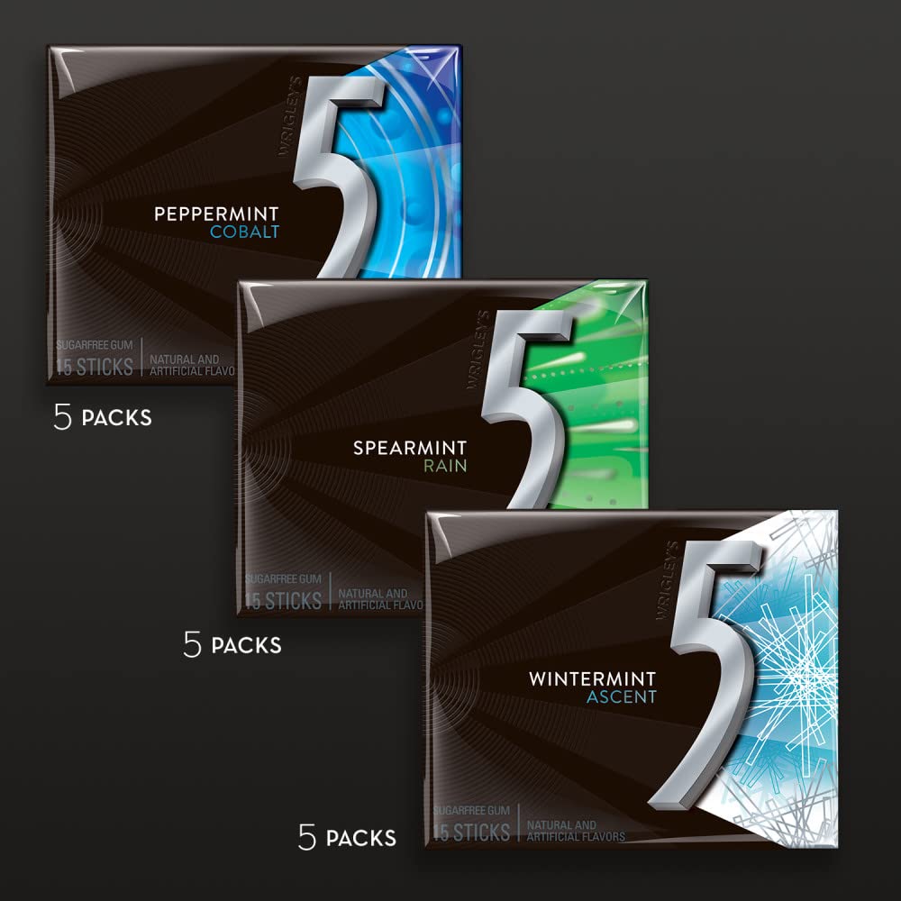 5 Gum Peppermint Cobalt, Spearmint Rain, Wintermint Ascent Sugar-Free Chewing Gum Variety Pack, 15 Packs, Wrigley'S 15 Stick