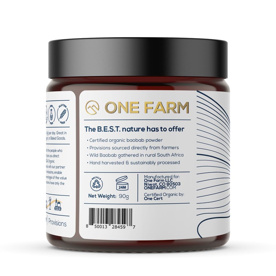 One Farm by WAAYB Organic Baobab Powder - Non-GMO, Fair-Trade, Vegan, Gluten Free, Premium Quality, 100% South African, Resealable Jar