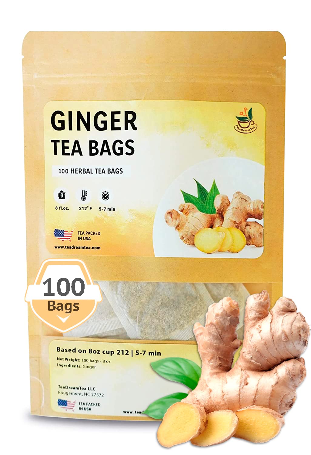 TeaDreamTea Ginger Tea Bags - 100 Bleach-Free Herbal Tea Bags | Caffeine Free, Antioxidant, Upset Stomach Relief