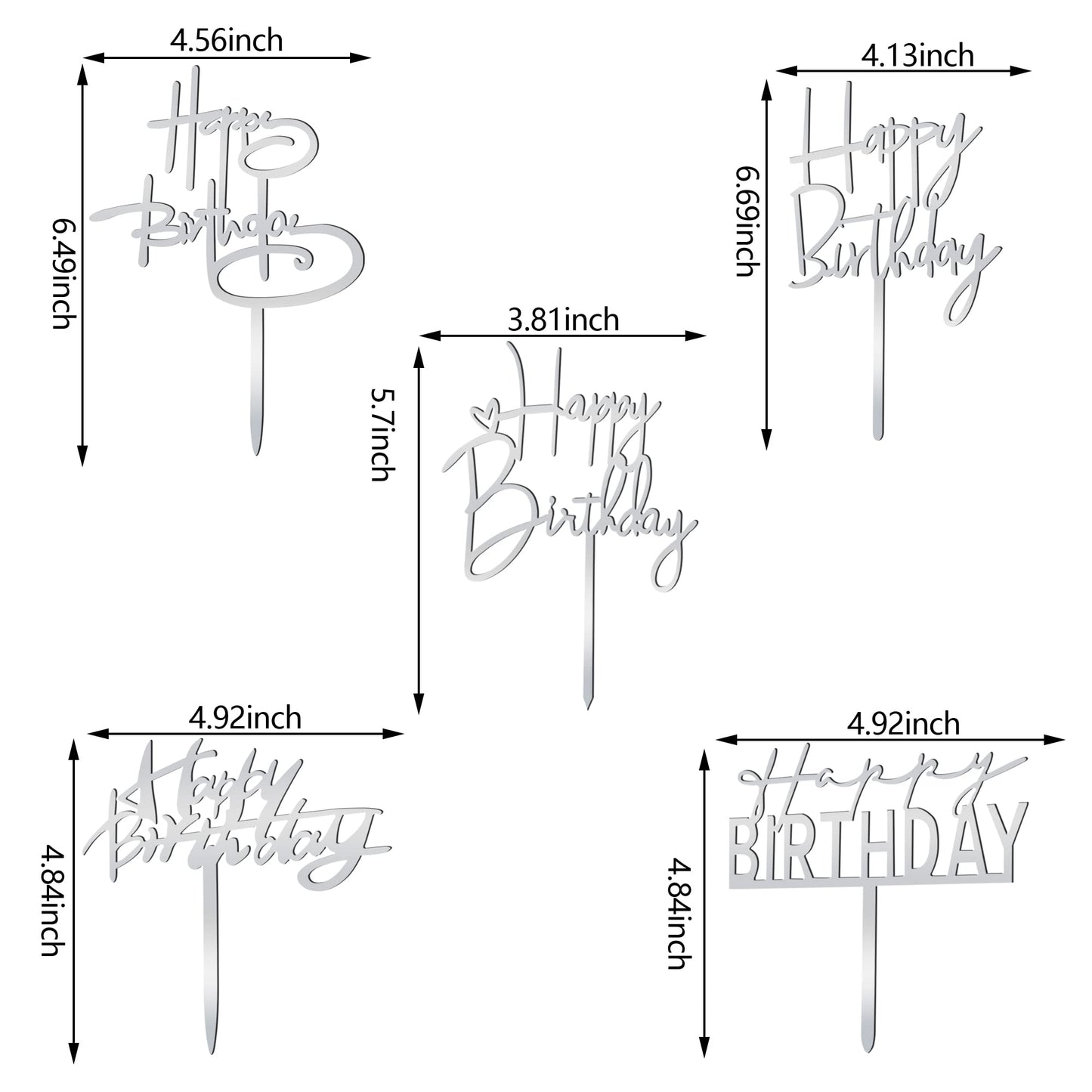 10 Pcs Silver Happy Birthday Cake Topper Acrylic Cupcake Topper Birthday Supplies Decorations