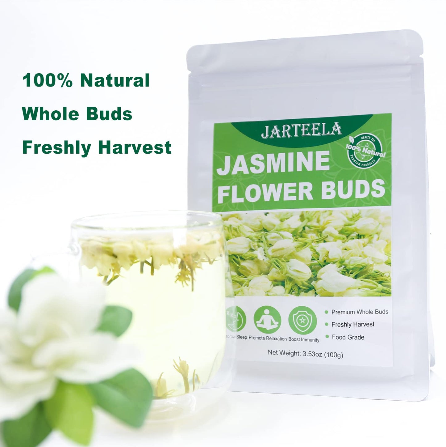 Jarteela Dried Jasmine Flowers - Edible, Non-GMO, Caffeine-free - 3.53oz