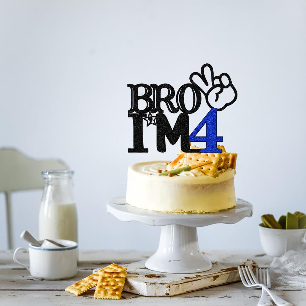 Bro I'M 4 Cake Topper- 4Th Birthday Cake Picks, Officially Teenager Cake Topper, Boy 4Th Birthday Cake Decorations - 4 Years Old