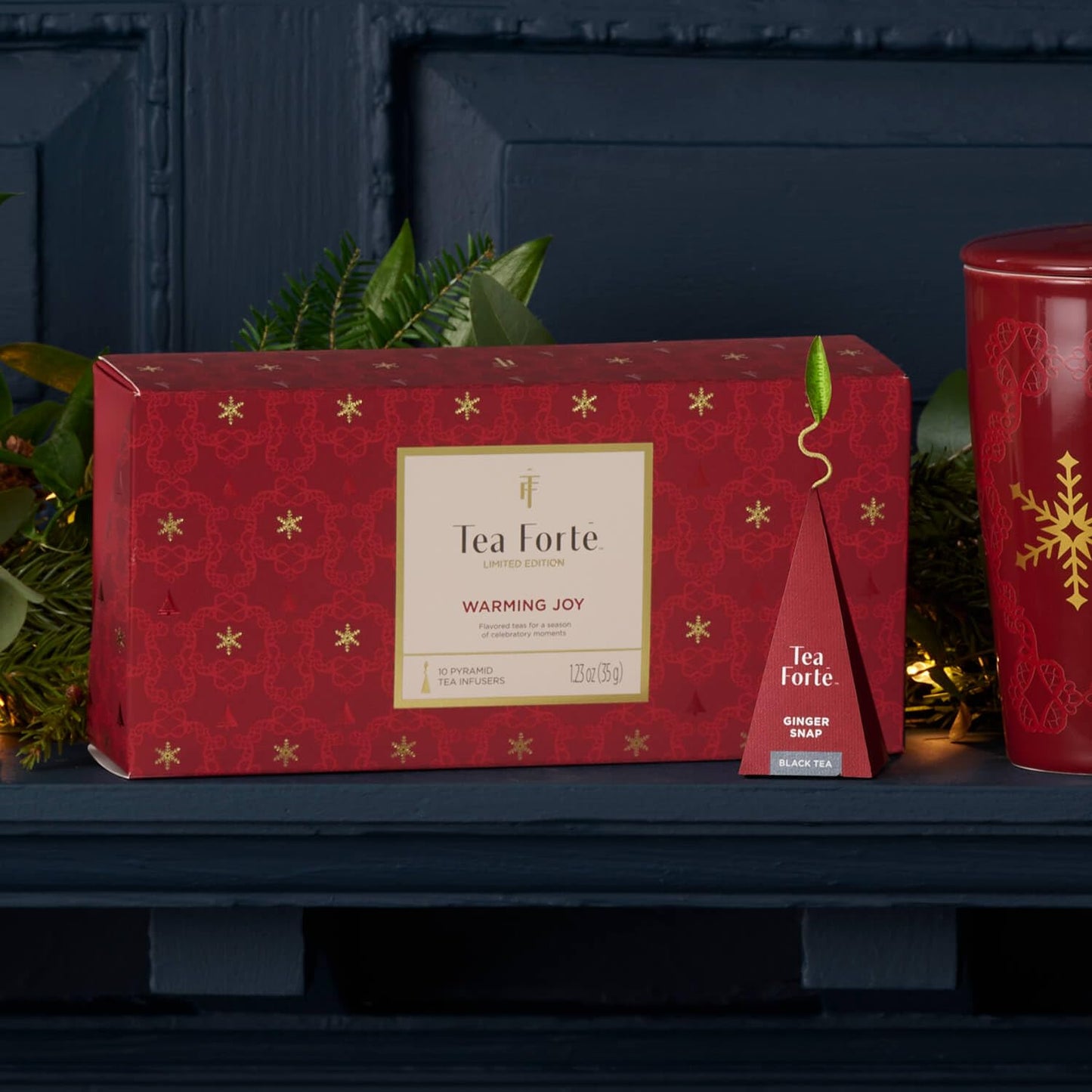 Tea Forte Warming Joy Holiday Enhanced Petite Presentation Box Gift Set Sampler, 10 Count, 2 Of Each Blend Individually Wrapped Handcrafted Pyramid Infuser Bags