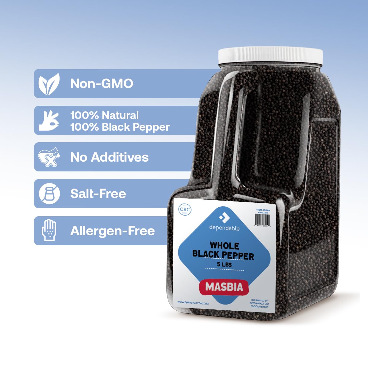 Dependable Foods Whole Black Peppercorns - 5 Lb. Bulk Jar - Premium Grade Pepper Corns Spice - 100% Natural, Non-Gmo, Salt-Free