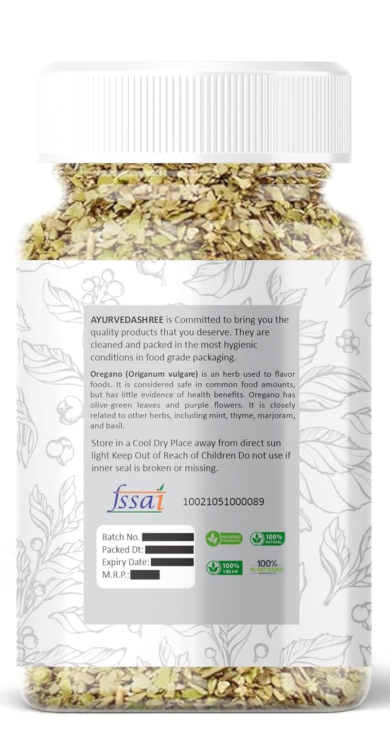 AYURVEDASHREE Oregano Seasoning, All Natural, Vegan, NON-GMO, 100g PET Jar