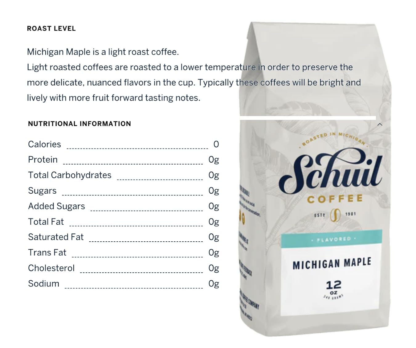 SCHUIL Michigan Maple Whole Bean Coffee, Fair Trade, Medium Roast, 12 Ounce Bag