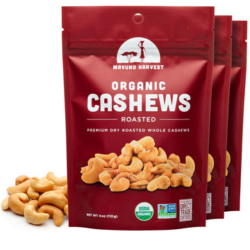 Mavuno Harvest Organic Roasted Cashews, Unsalted, Vegan Snack, 4 Ounce (Pack of 3)