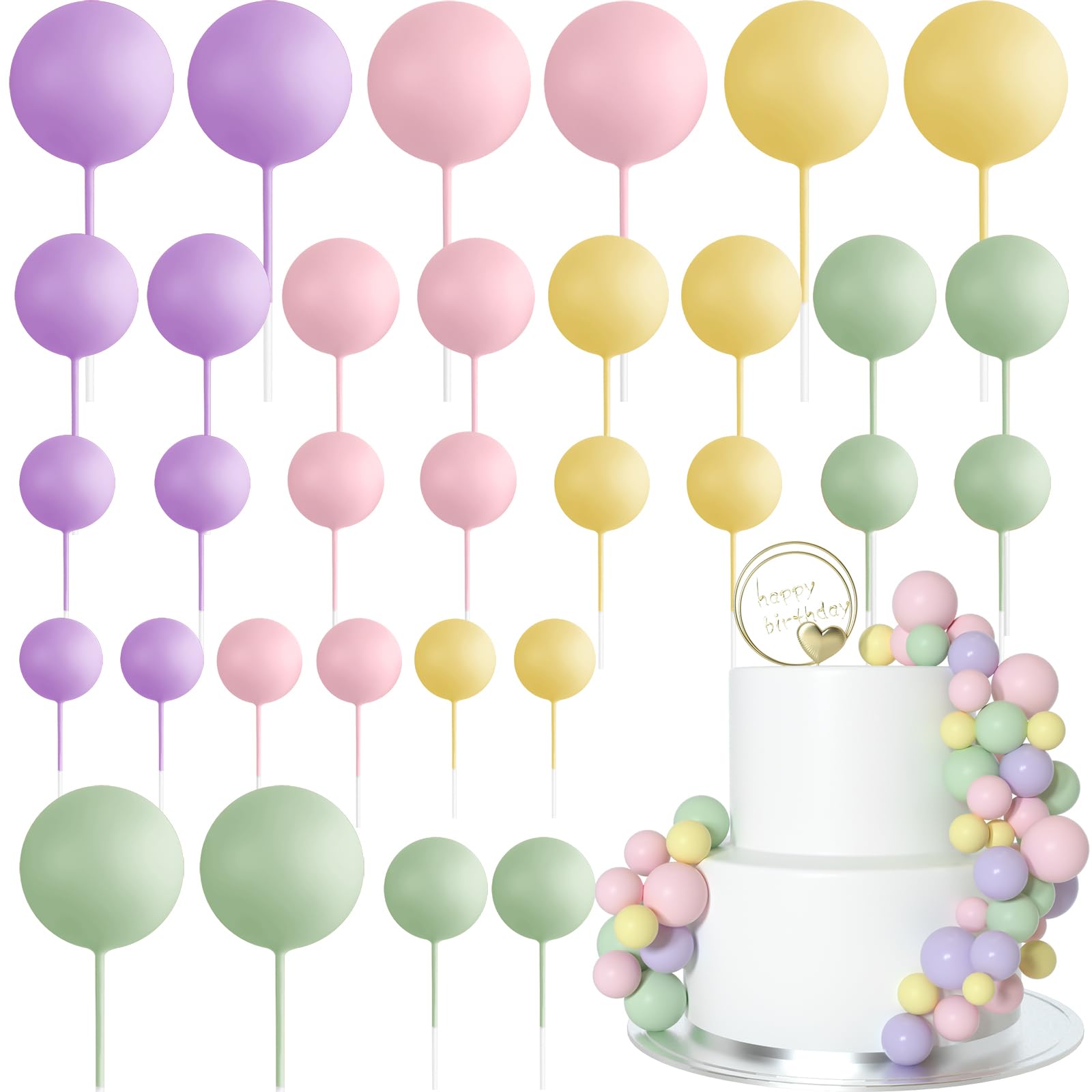 Astaron 32 Pcs Ball Cake Topper Decorations Mini Balloons Cake Topper Sticks Foam Balls Cake Picks Cake Topper Balls Cake Decora