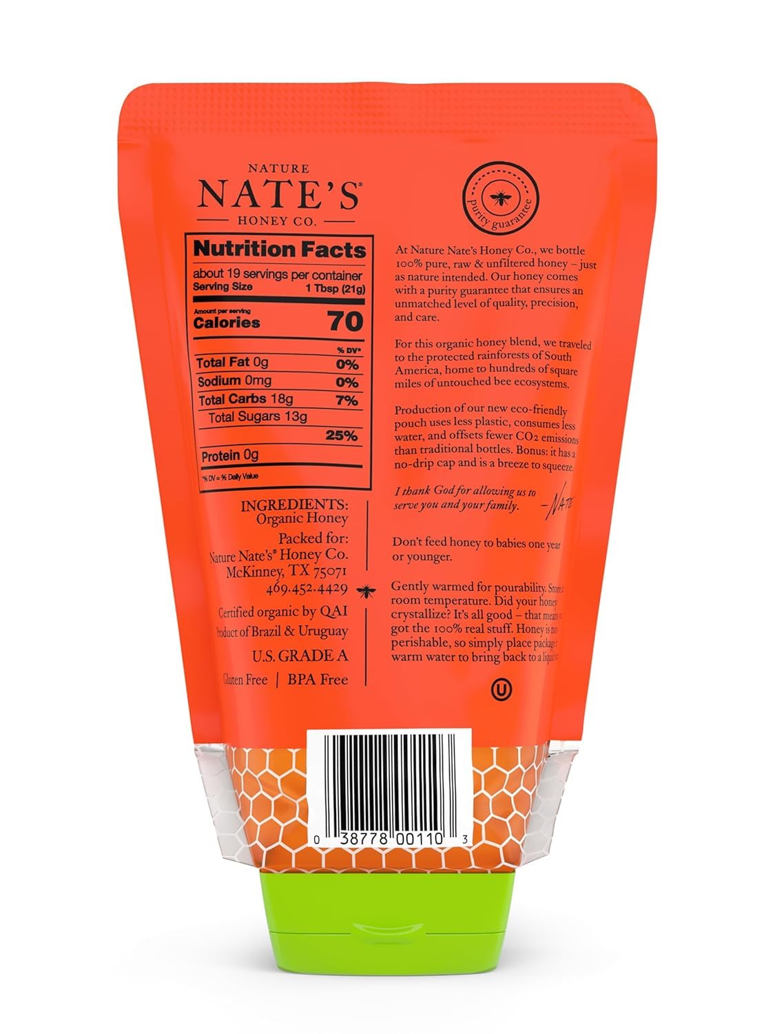 Nature Nate s 100% Pure USDA Organic Raw & Unfiltered Honey, Two 14 oz. No-Drip Sustainable Squeeze Pouches; Purity Guarantee,