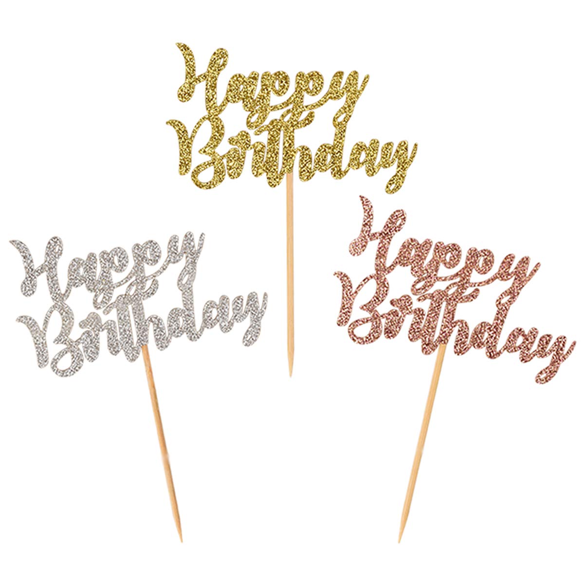 Donoter 24 Pcs Glitter Happy Birthday Cupcake Toppers Cake Picks For Birthday Party Decoration Supplies
