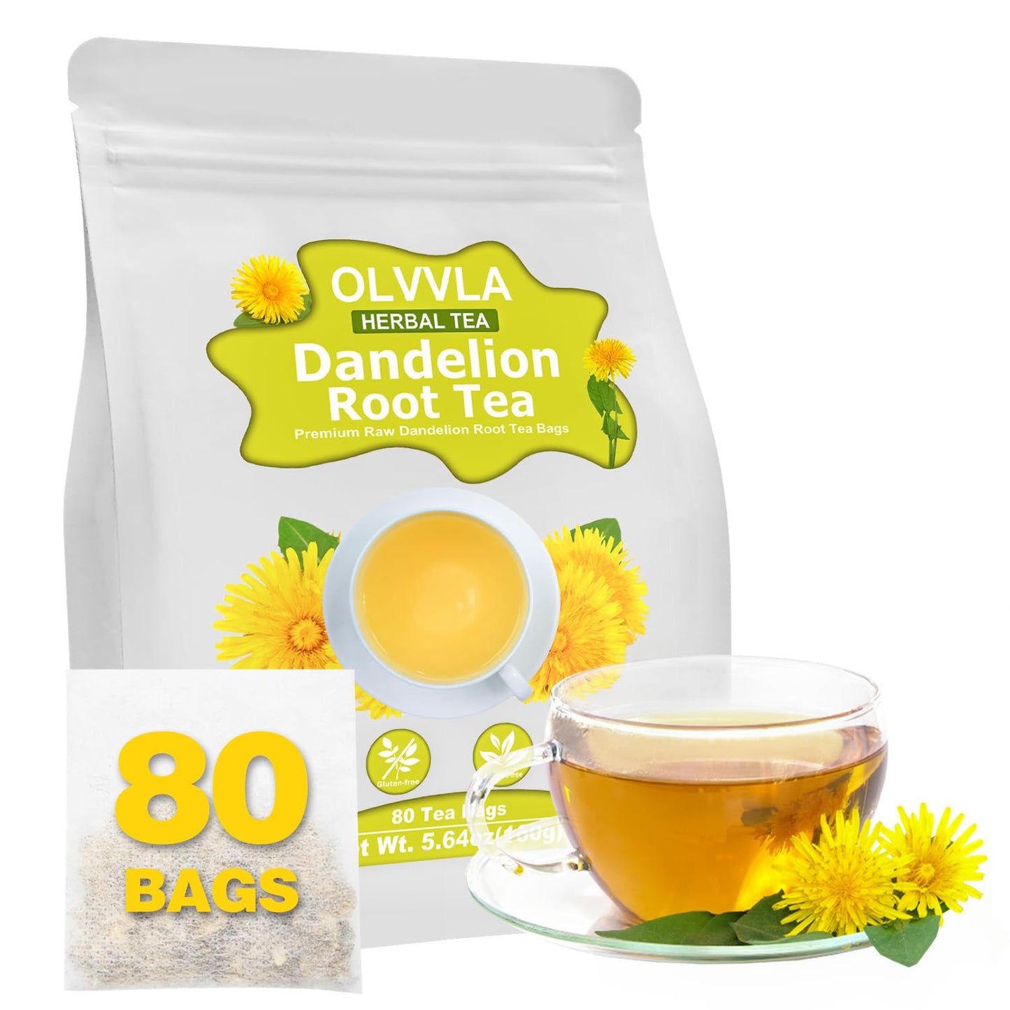 Olvvla Dandelion Root Tea Bags - Caffeine-Free, Non-GMO - 80 Count Pack