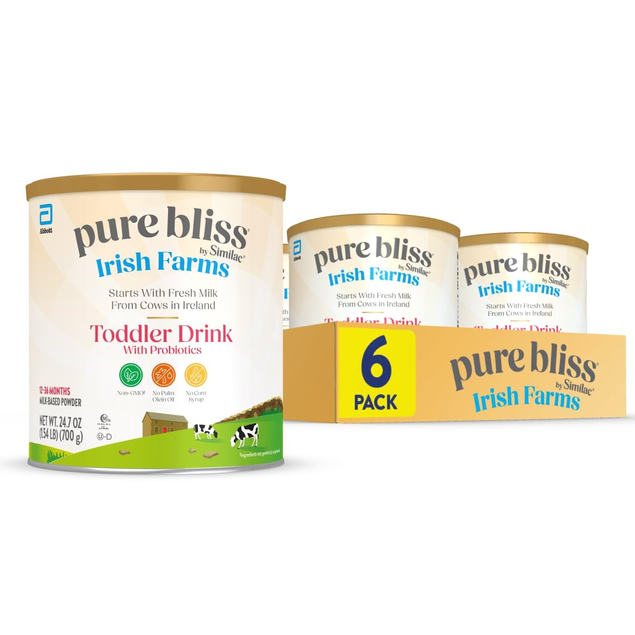 Pure Bliss by Similac Irish Farms Toddler Drink, Easy to Digest, Non-GMO, Powder, 24.7-oz Can, Pack of 6