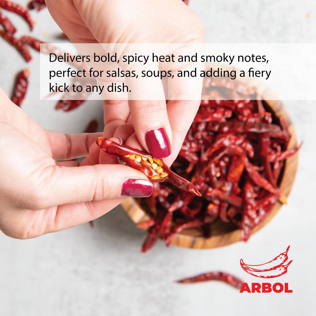 Doa Blanca Chile De Arbol 1Lb - Dried Whole Red Chili Peppers - Premium Dried Stemless Chiles - Spicy Hot Heat - Use In Mexican,