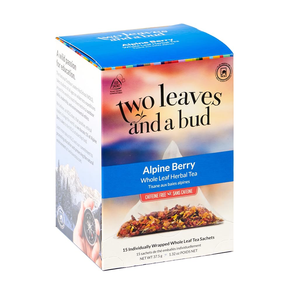 Two Leaves and a Bud Herbal Tea Bags, Naturally Caffeine Free, Whole Leaf with Hibiscus, 15 Count, Compostable Sachets