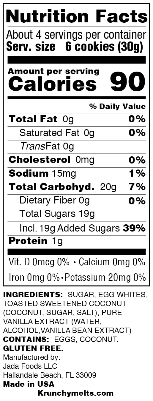 Krunchy Melts - Original Meringue Cookies - Toasted Coconut Flavor - Fat Free - Gluten Free - Nut Free -90 Calories Per Serving - Low Calorie Snack - Sweet Treats - 4 Oz