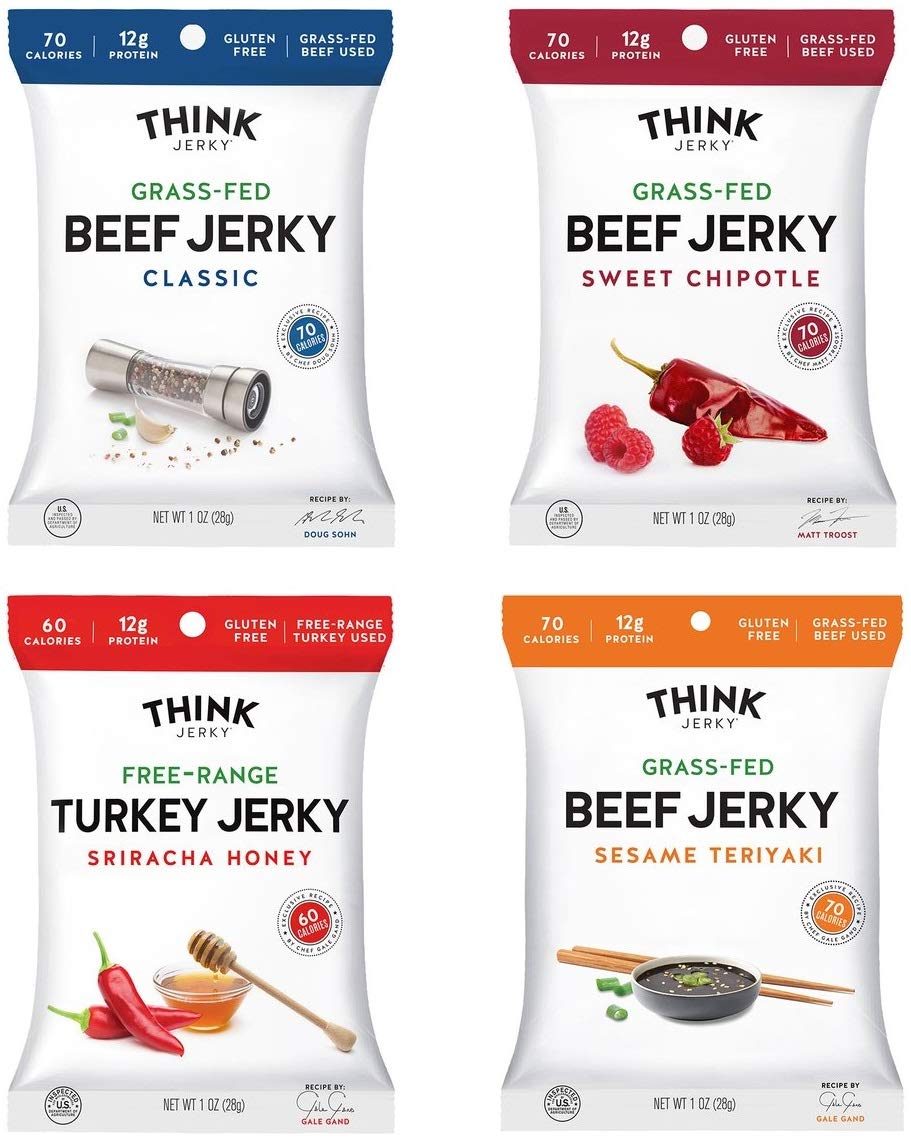 Think Jerky Beef and Turkey Jerky Variety Pack, 8 Bags, 1 oz Each, Classic, Sweet Chipotle, Sriracha Honey, Sesame Teriyaki