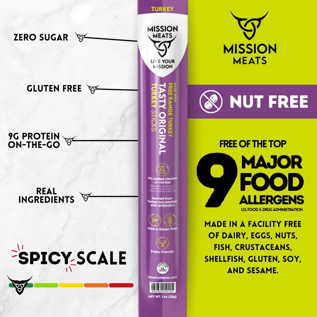 Mission Meats Turkey Sticks - Sugar Free, Gluten Free, Whole 30, Paleo, 1 Ounce, Pack of 24
