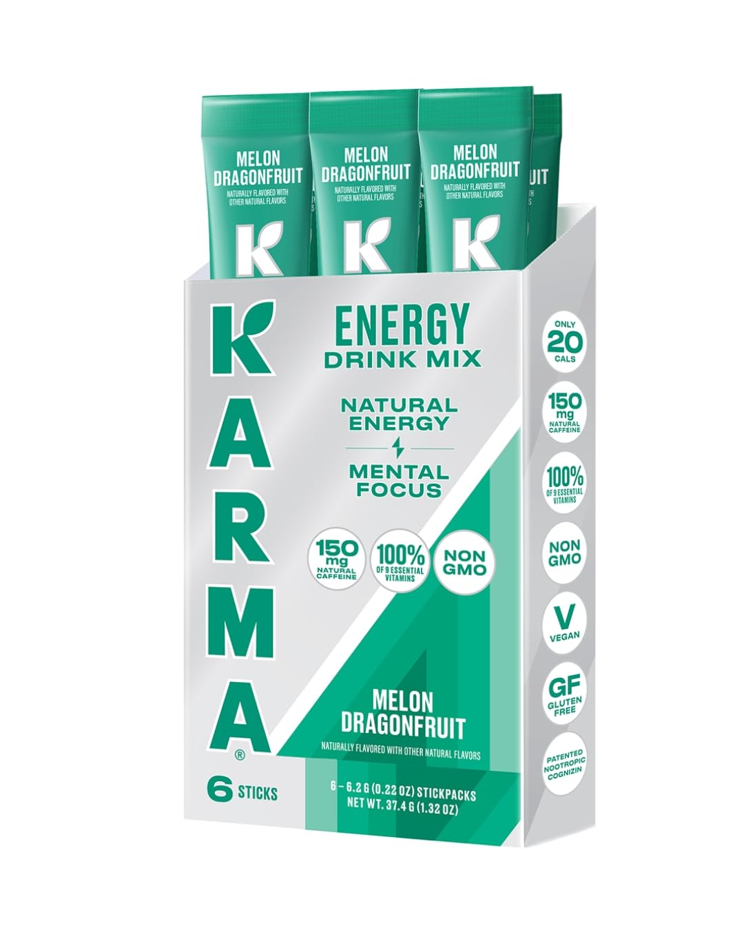 Karma Energy Hydration Packets - 6 Pack  Melon Dragonfruit Drink Mix with Cognizin Nootropics  Vitamins & Immune Support  Low Calorie