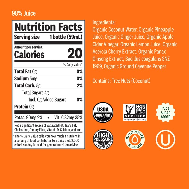 Suja Organic Digestion Shot - Cold-Pressed Juice with Probiotics, 1 Fl Oz (Pack of 20)