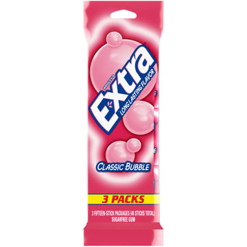 EXTRA Classic Bubble Sugar Free Chewing Gum  15 Sticks (3 Pack)