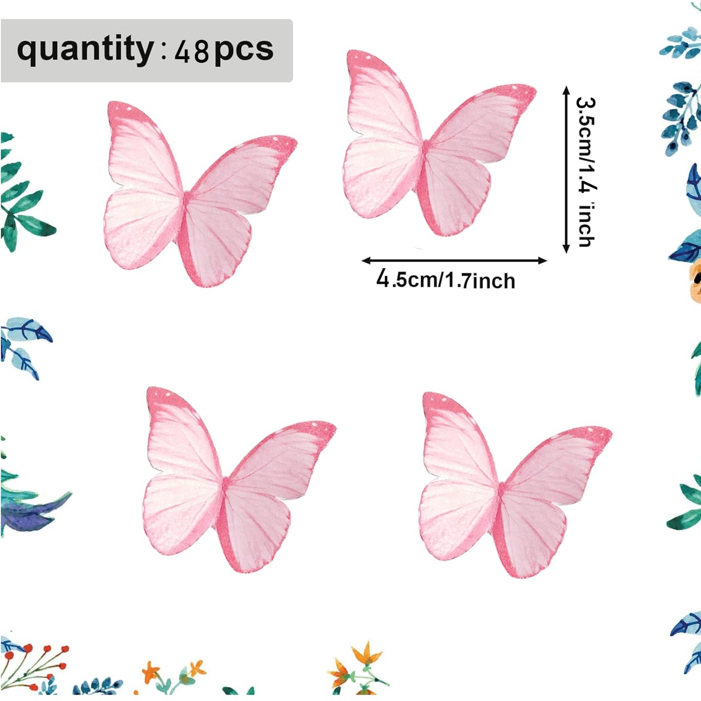 48Pcs Edible Butterflies For Cake Decorations Pink Wafer Paper Butterfly Cupcake Toppers Wafer Glutinous Paper Butterflies For W