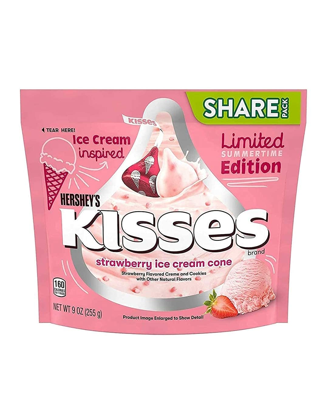 Hershey'S Kisses Strawberry Ice Cream Cone Candy Share Bag Limited Summertime Edition (9 Oz), Pack Of 3