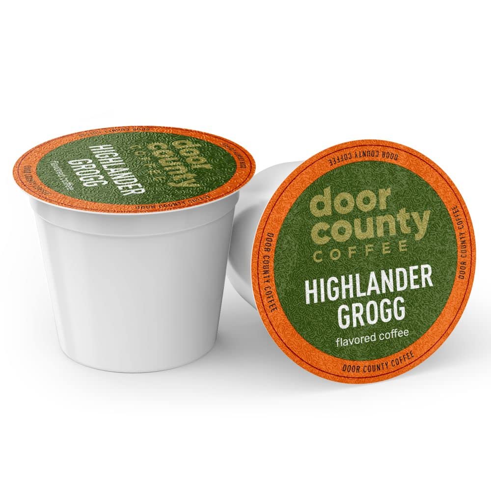 Door County Coffee - Highlander Grogg, Irish Creme And Caramel Flavored Ground Coffee - Medium Roast, Single Serve Cups - 60 Cou