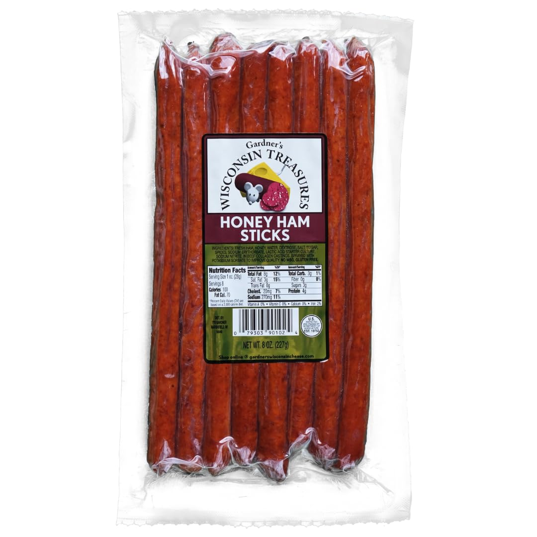 Gardners Wisconsin Cheese, Meat Sticks (1 Ounce Sticks, Pack of 8) - Honey Ham Flavor, Low Carb Snack, Does Not Require Refrige