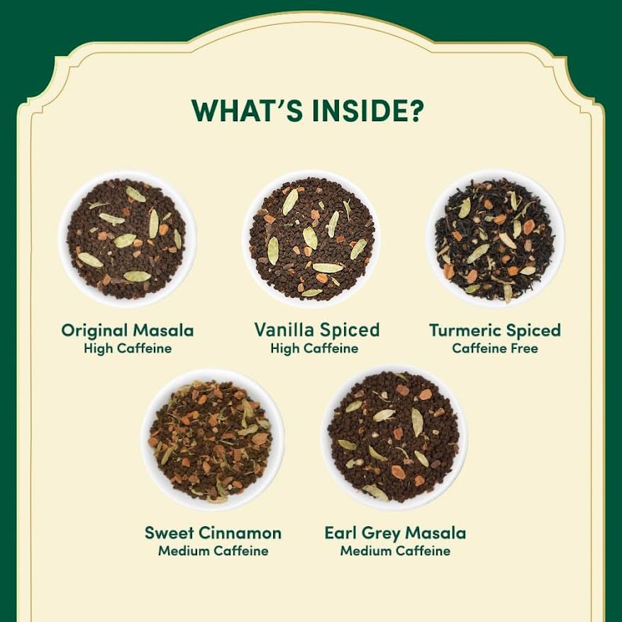 Vahdam, Assorted Chai Tea Sampler Gift Set (5 Flavors, 20 Count) Gluten Free & Non Gmo | Indian Masala Chai Tea Blends | Long Le